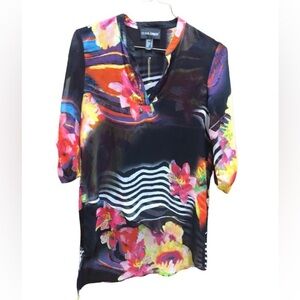 Frank Lyman Design Sheer Floral Fold Up Sleeve Tunic Top Asymmetrical Hem Sz S